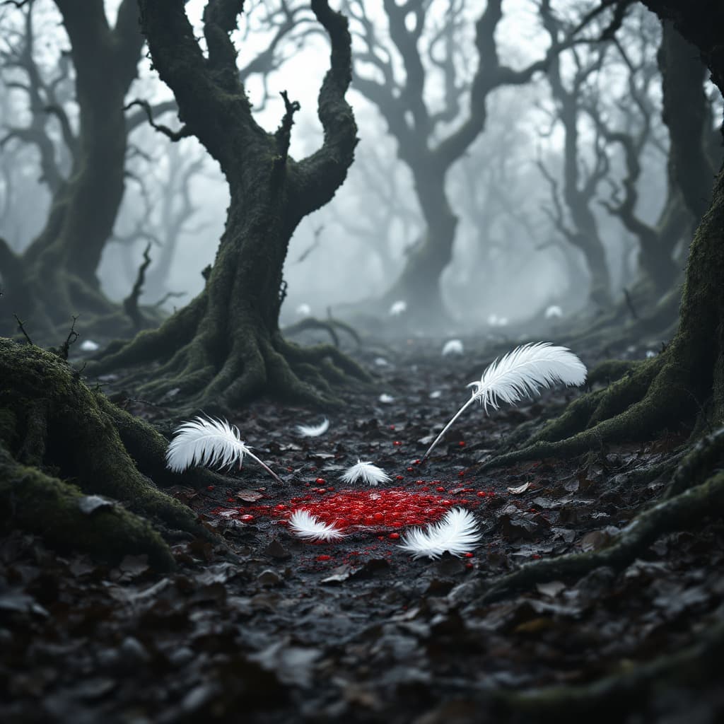 AI generated: Scene: A grayscale forest clearing in ancient Britain, surrounded by twisted, moss-covered trees and...