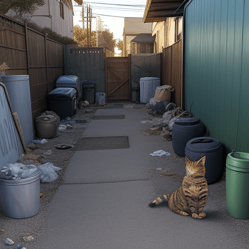 AI generated: a comic of a house cat in an  alley with trash cans and junk laying around with alley cats bums grav...