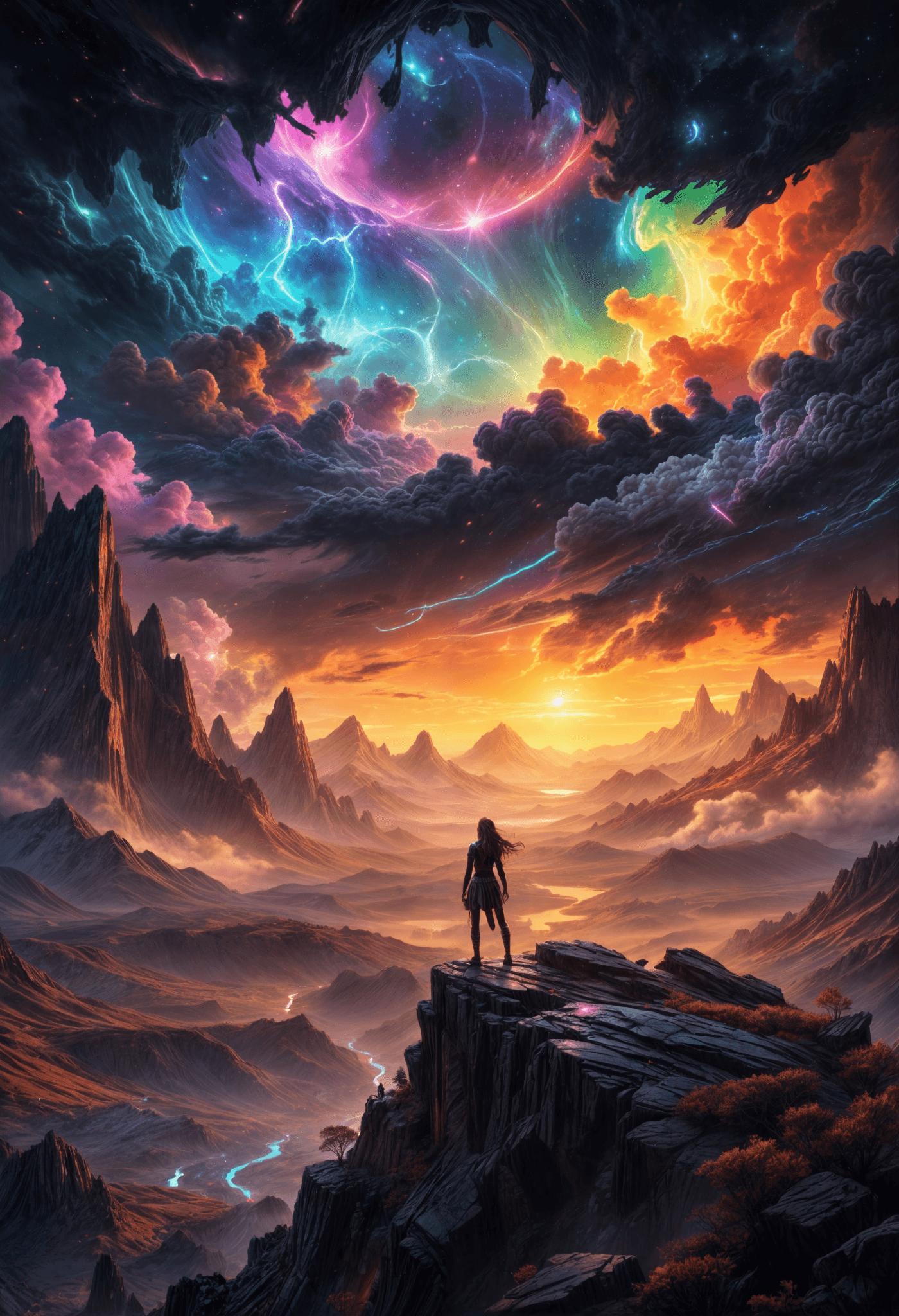 AI generated: a woman stand on a mountain and look in a beautiful epic fantasy valley,very colourful,nebulas,anoth...