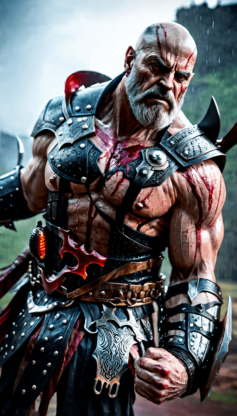 AI generated: A 90 years old man with an attribute inspired by Kratos the god of war. Despite his age Kratos is de...