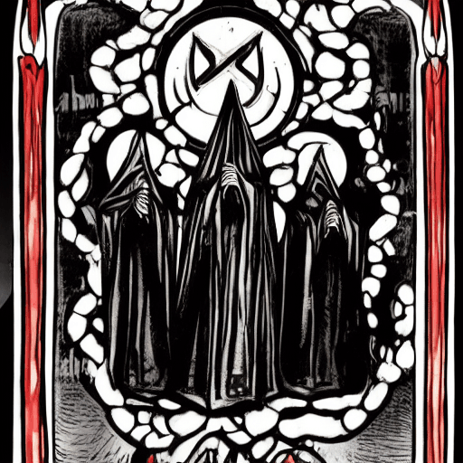 AI generated: a dark cloaked hooded pale zombie cultist priests performing satanic rituals in a black wooden churc...