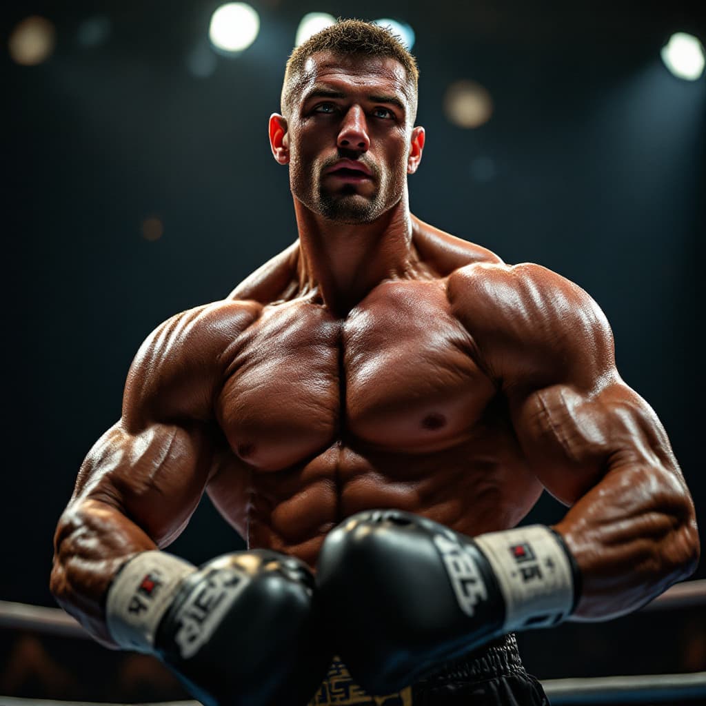 AI generated: In the photo, the muscular boxer looks at the camera and flexes his chiseled biceps in the ring, swe...