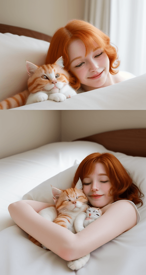 AI generated: Create a whimsical scene of two anthropomorphic cats. One  is a small kitten fluffy and white, sleep...