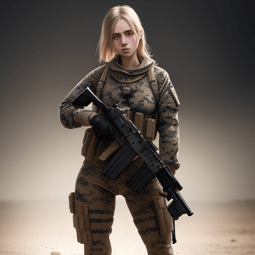 AI generated: caucasian female marine, dirty skin, gunatyou, gun, aiming at viewer, holding gun, to8contrast style...