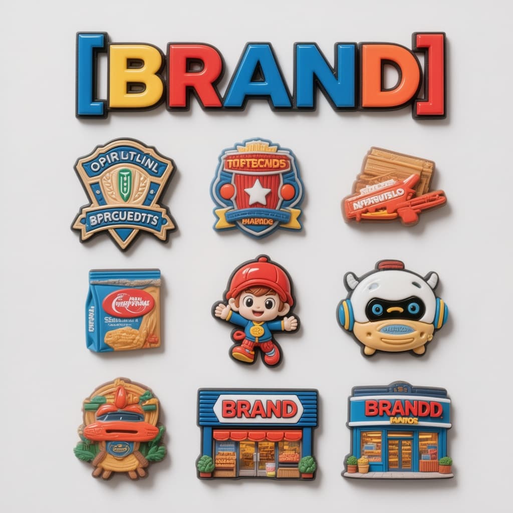 AI generated: A clean top-down flat-lay of exactly 9 hyper-realistic 3D resin fridge magnets on a pure white backg...