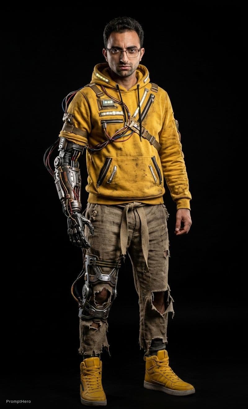 AI generated: futuristic character blending advanced technology with traditional, rugged clothing. The black backg...