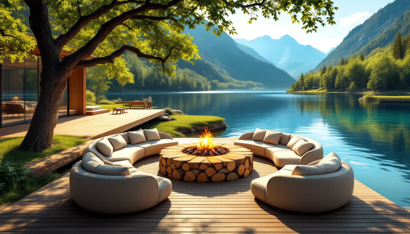 AI generated: A wooden deck extends over a serene lake, nestled beside lush green mountains.  A large tree branche...