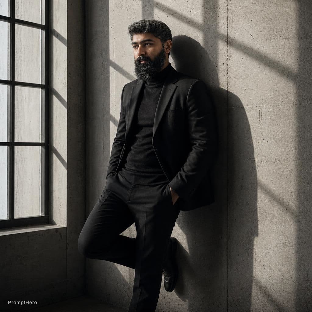 AI generated: this as A man in a tailored black
blazer and turtleneck stands against a
concrete wall. One foot u...