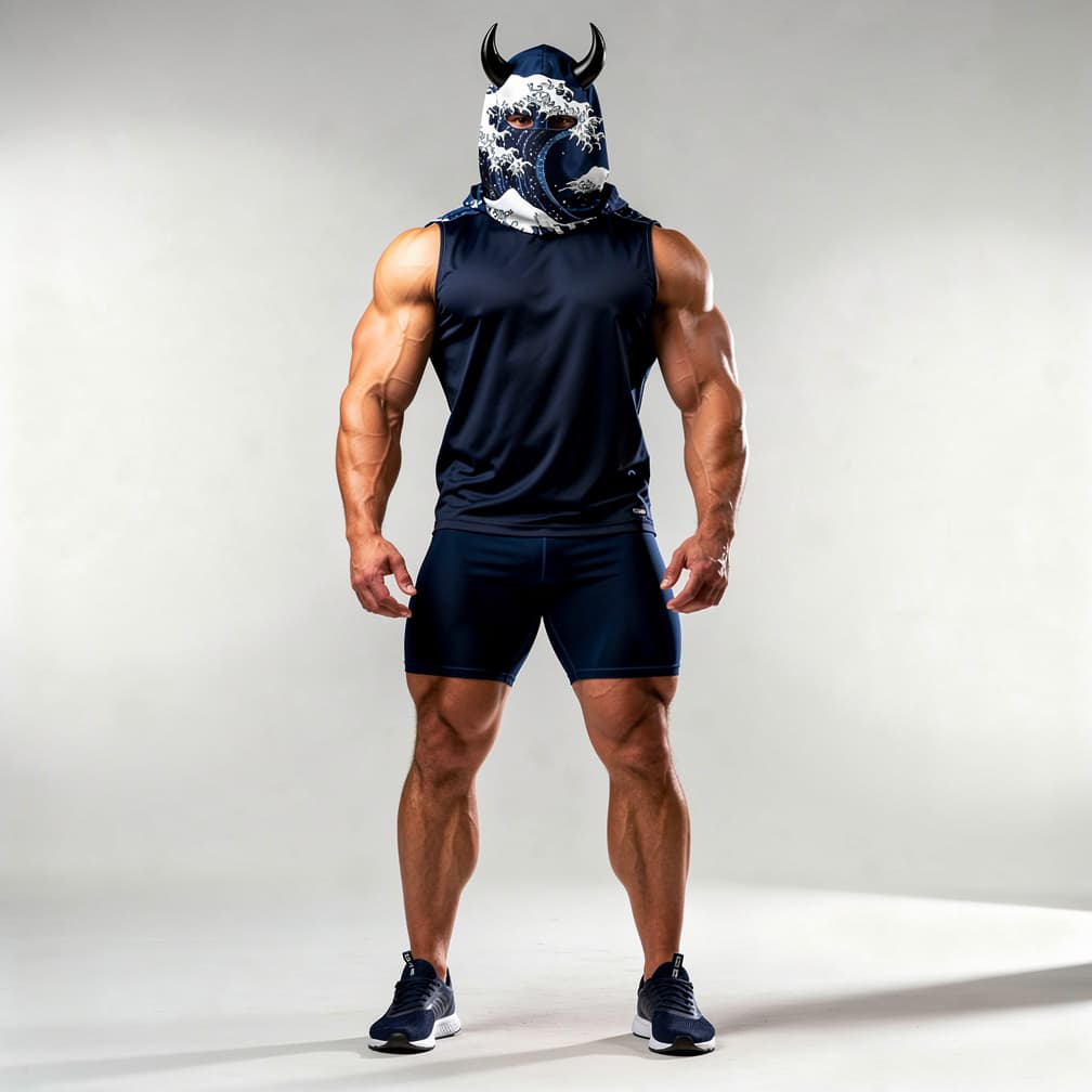 AI generated: A big muscular man wearing navy blue short shorts and a navy blue water proof sleeveless shirt and a...