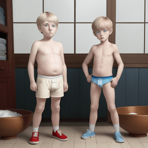 AI generated: A full length view of two 10 year old Caucasian boys with light blonde hair, short bowl cut and blue...