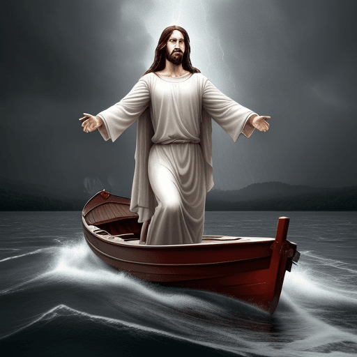 AI generated: Jesus walk on the water, in a 
 terrible storm, rain, very fare, on water have some boat and some pi...