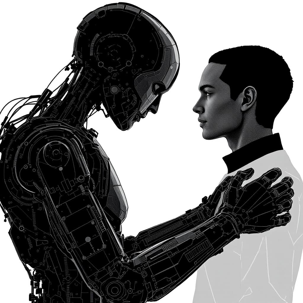 AI generated: a drawing of a robotic arm and a human that. together, construct a complex machine
