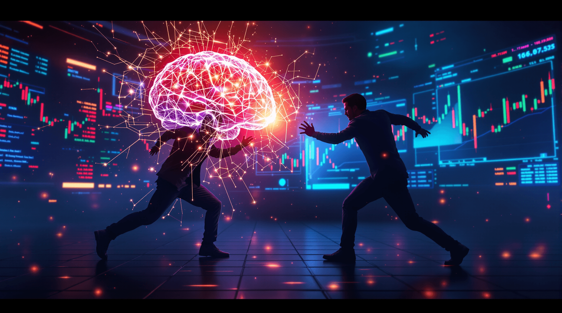 AI generated: A dramatic neon-lit battle scene between a glowing AI brain and a human silhouette on a futuristic t...