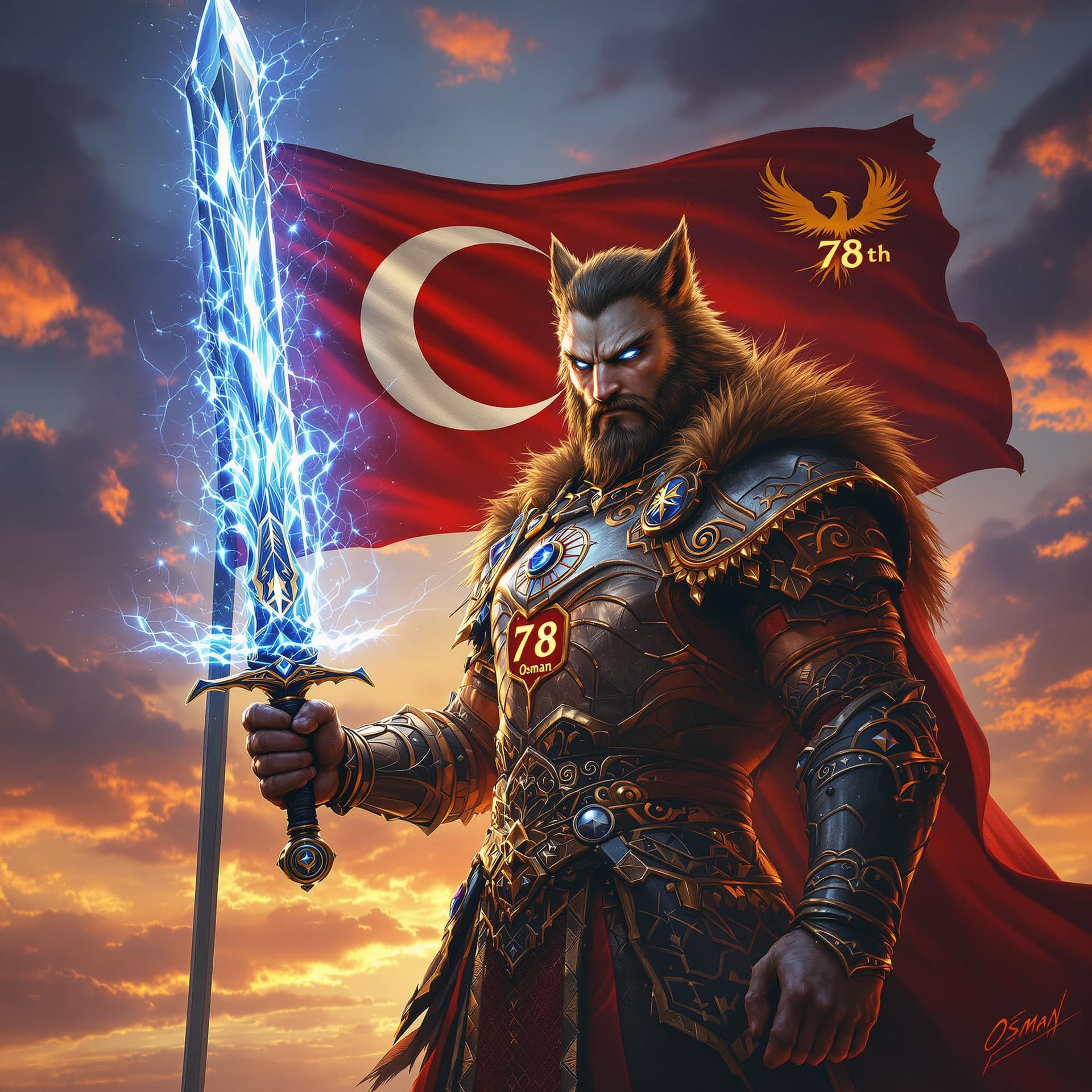 AI generated: A fierce warrior clad in traditional armor inspired by ancient Turkish mythology, holding a sword gl...