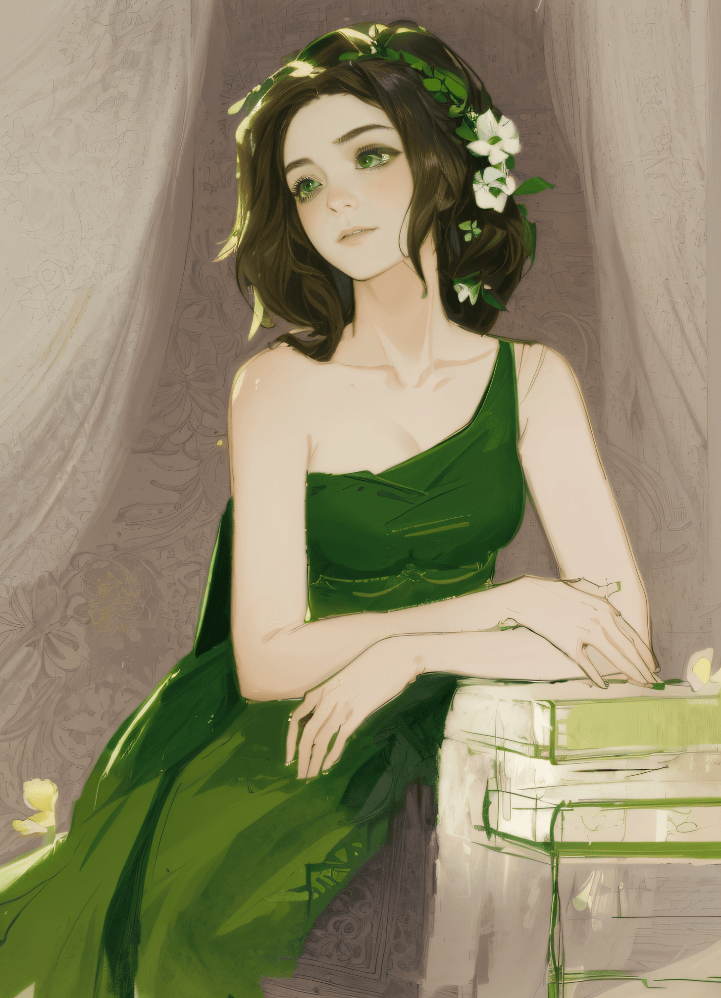 AI generated: a drawing of a woman in a green dress sitting on a table, beautiful character painting, charlie bowa...