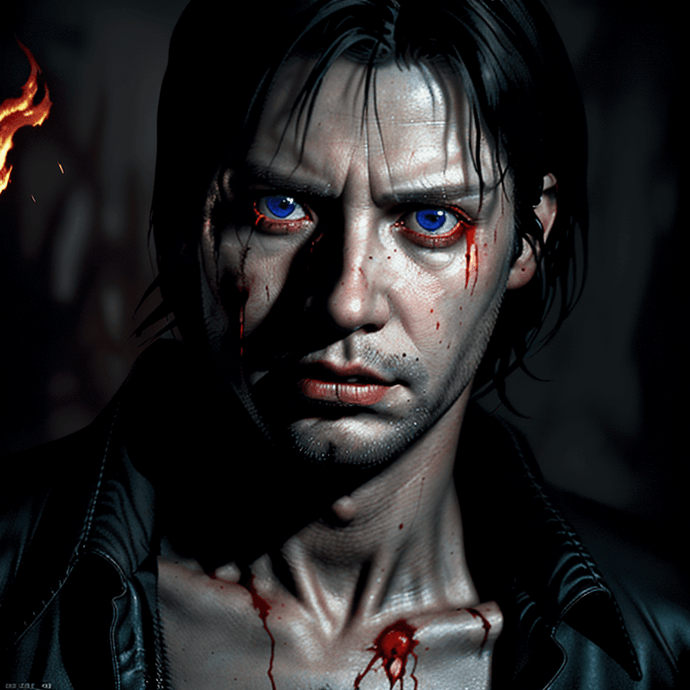 AI generated: eerie creepy portrait poster of alan wake, silent hill style, masterpiece, vivid, flames. sharp focu...