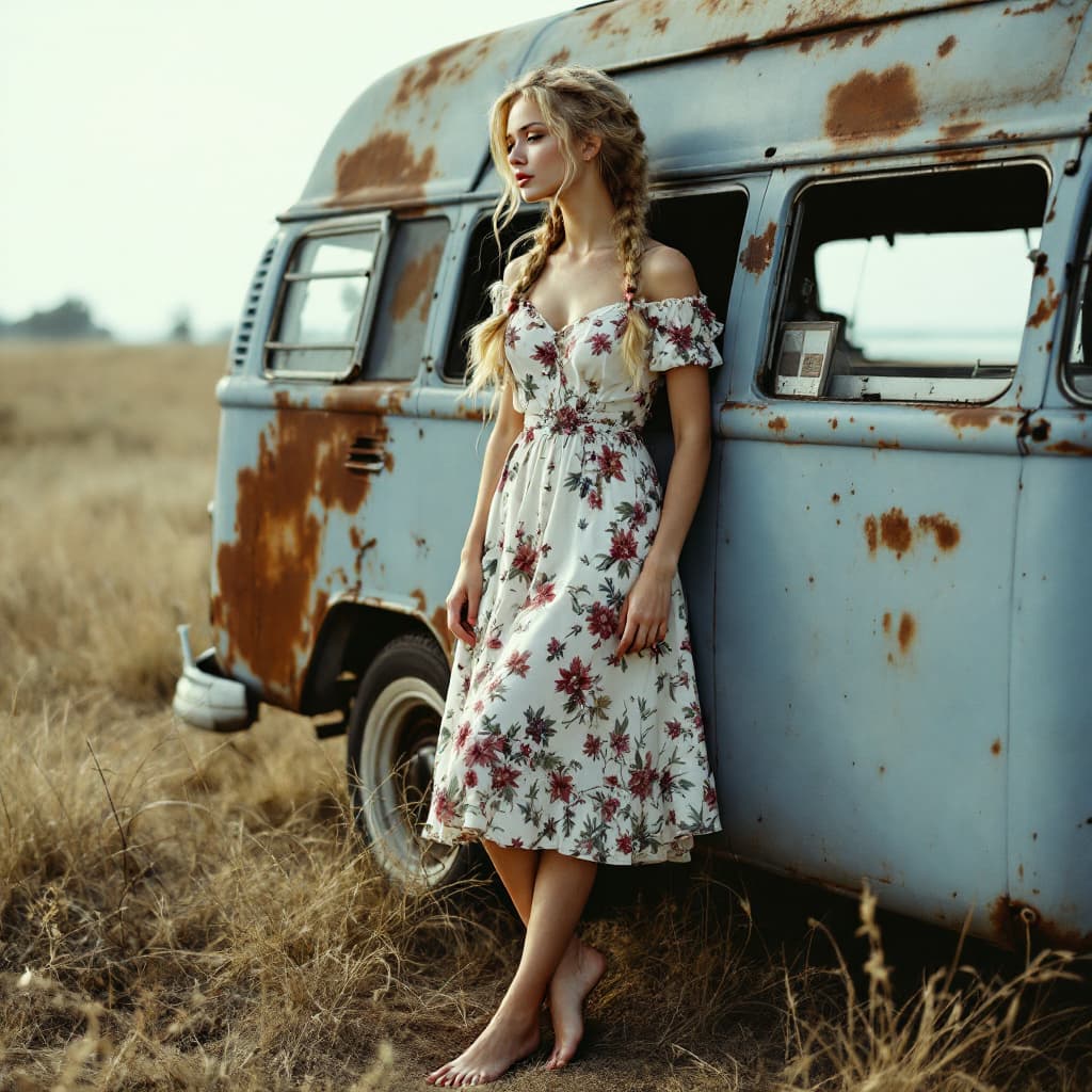 AI generated: full body view of. A minute blonde woman with braids, flowery dress, barefoot (((show the foot)))  s...
