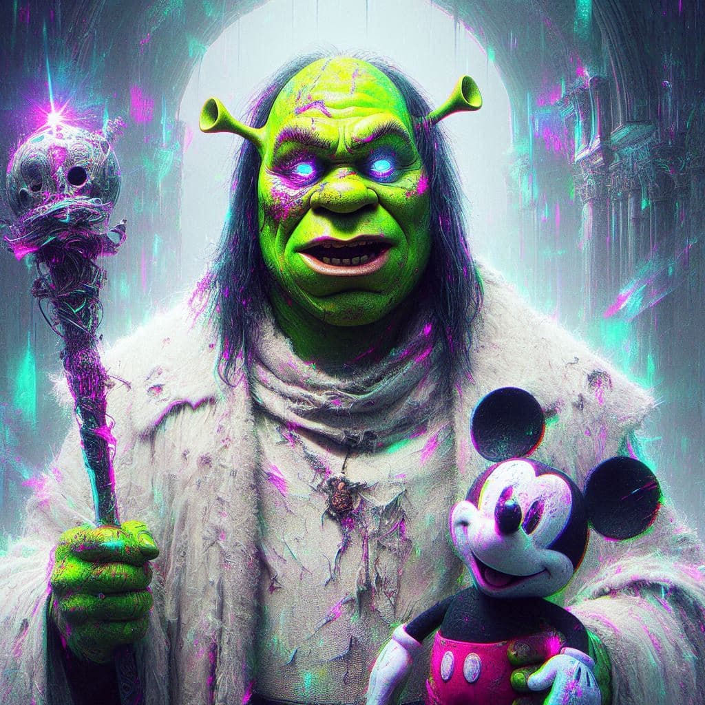 AI generated: Shrek perturbador con túnica blanca vieja, rota y sucia, con estética y colores ciberpunk cian, verd...
