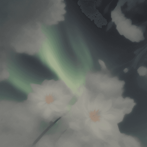 AI generated: northern lights on a white background, around thin lines and translucent flowers
