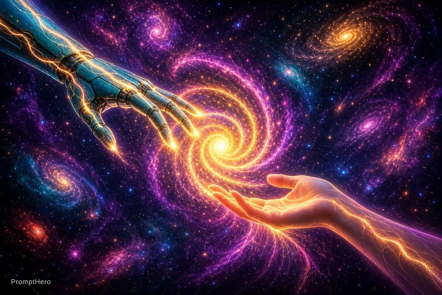 AI generated: 2 Hands. Hand 1: Robot hand, colour turquois metal, relaxed open, palm downward. Hand 2: Human, fema...