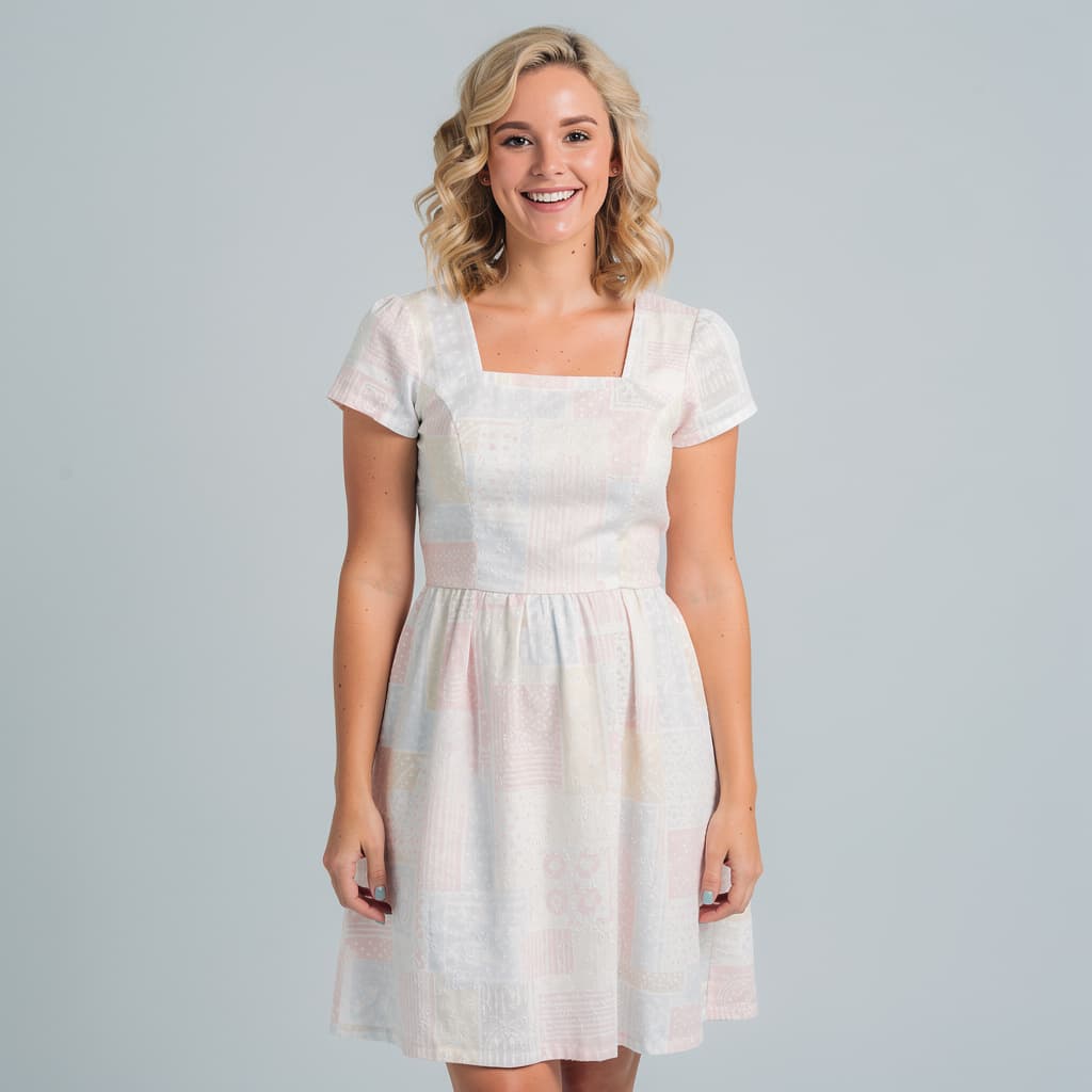 AI generated: Jenny Apples 25-year-old woman blond curly hair wearing white and pink dress and a diaper under her ...