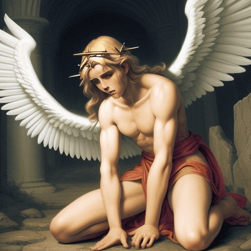 AI generated: create an angel  describe in to bible, according to the gospels in battle with Satan