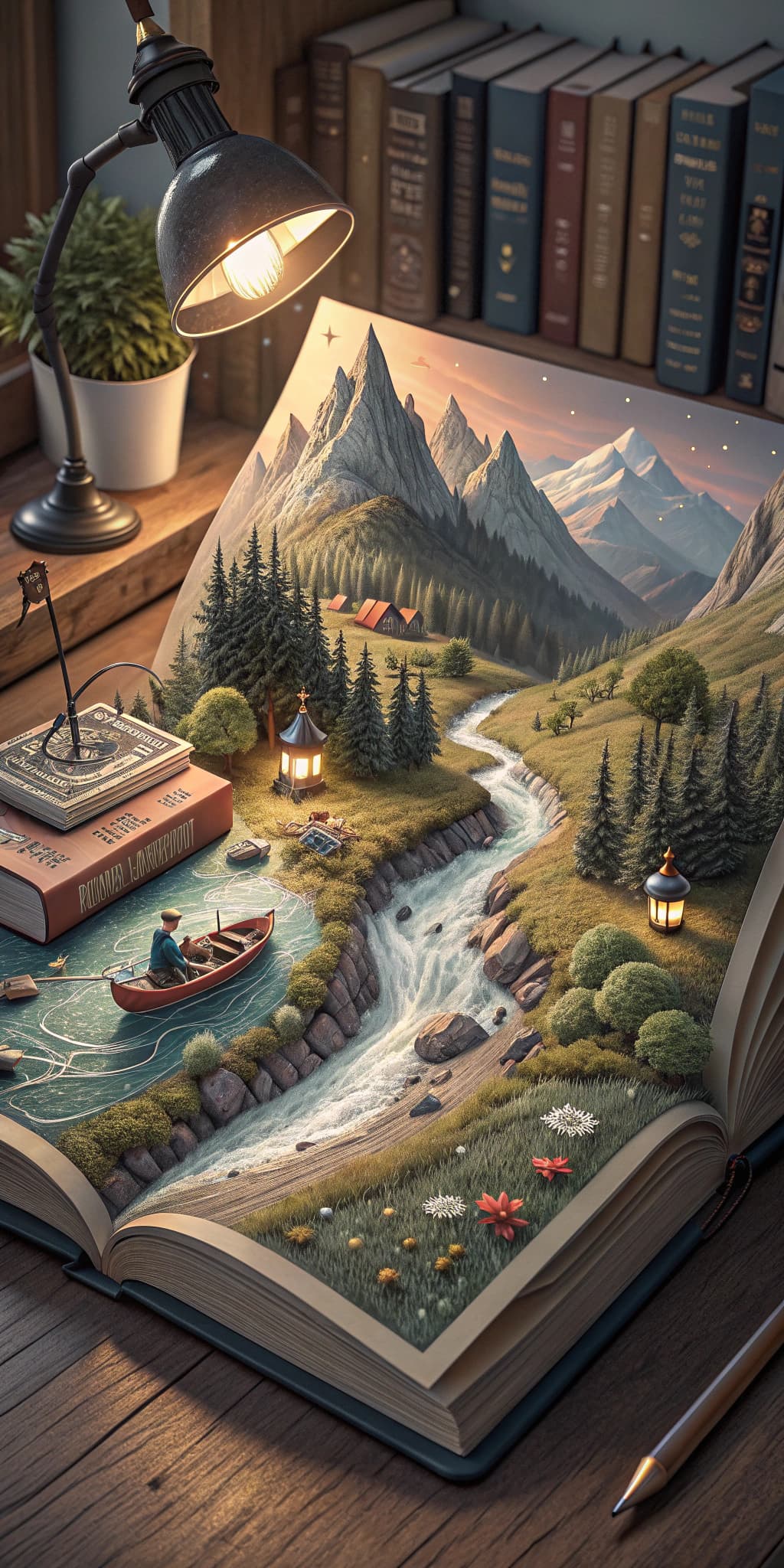 AI generated: An open book on a wooden desk unfolds a miniature landscape: mountains and rivers flow from the page...