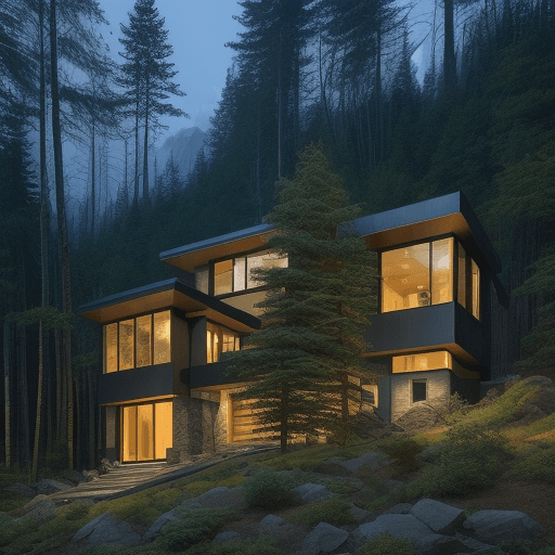 AI generated: super modern house in a mountain landscape with old growth forest, Pacific Northwest or United State...