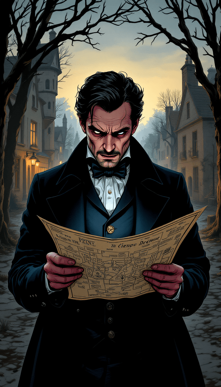 AI generated: A Victorian French detective looking at a map of a crime scene in a village in France, with a seriou...