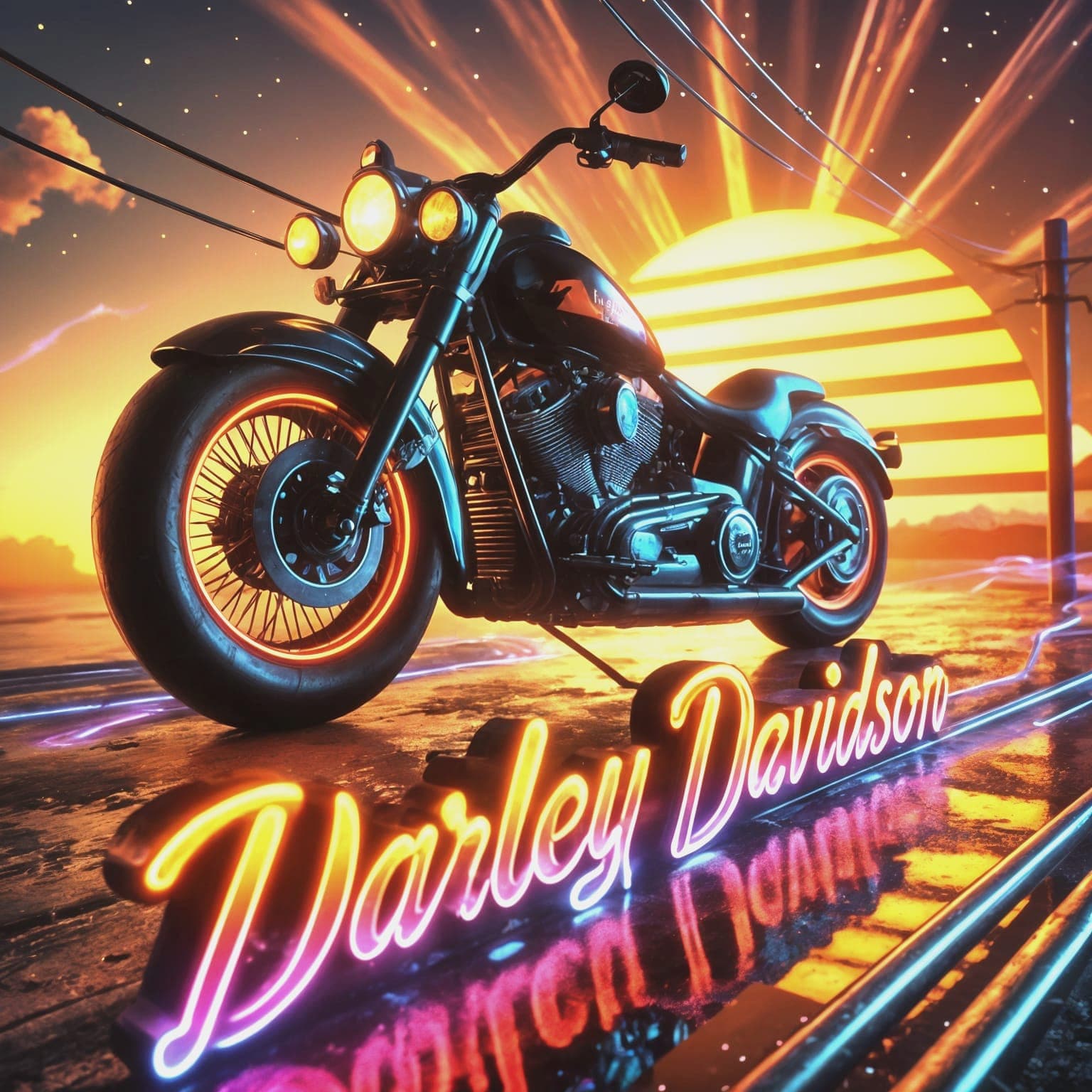 AI generated: A 3D digital art rendering of a Harley Davidson motorcycle in an exotic sunset view. The background ...