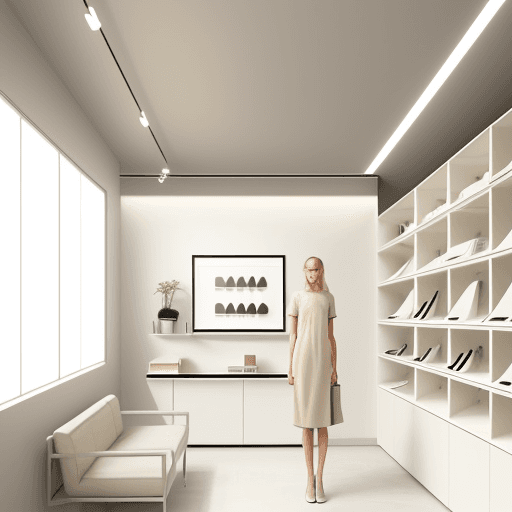 AI generated: Minimalism fashion store, modernism, ceiling indirect lights, plaster on the wall beige plaster, sta...