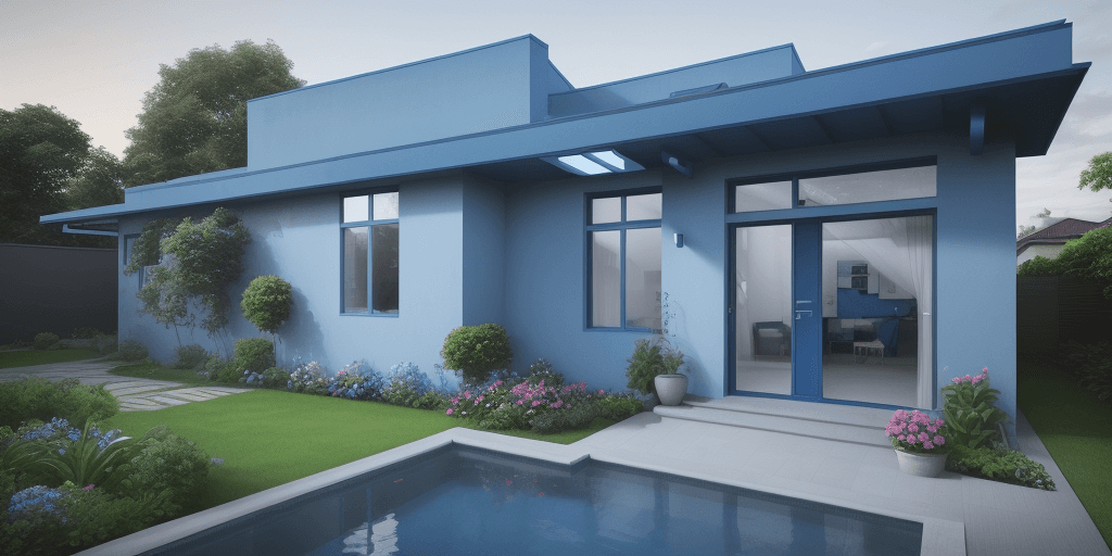 AI generated: a blue single storey house, modern style, blue color (walls and roofs are blue), the house is all bl...