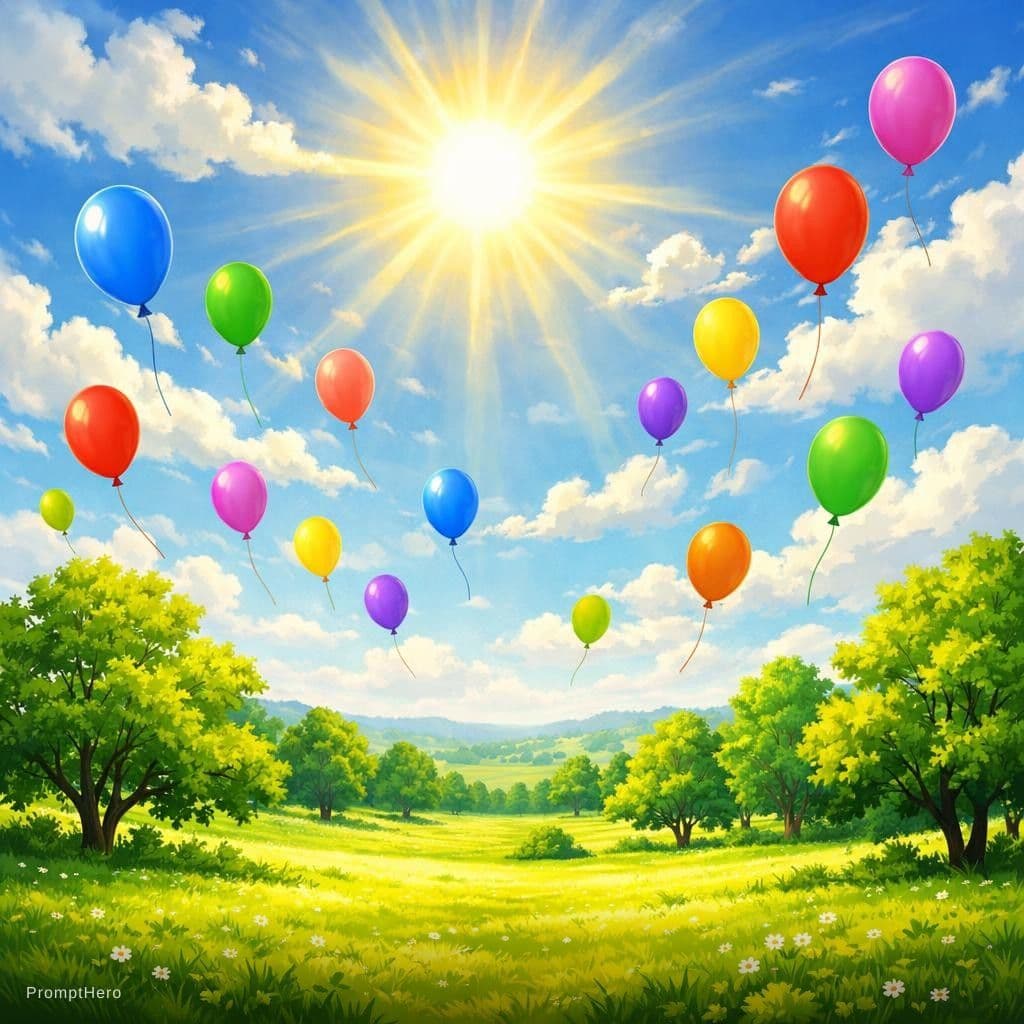 AI generated: A vibrant digital painting of a sun shining brightly in the sky with fluffy white clouds, over a lus...