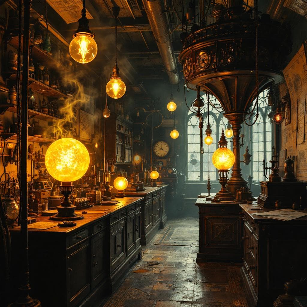 AI generated: A Victorian inventor’s laboratory filled with glowing orbs, Tesla coils, and strange blueprints