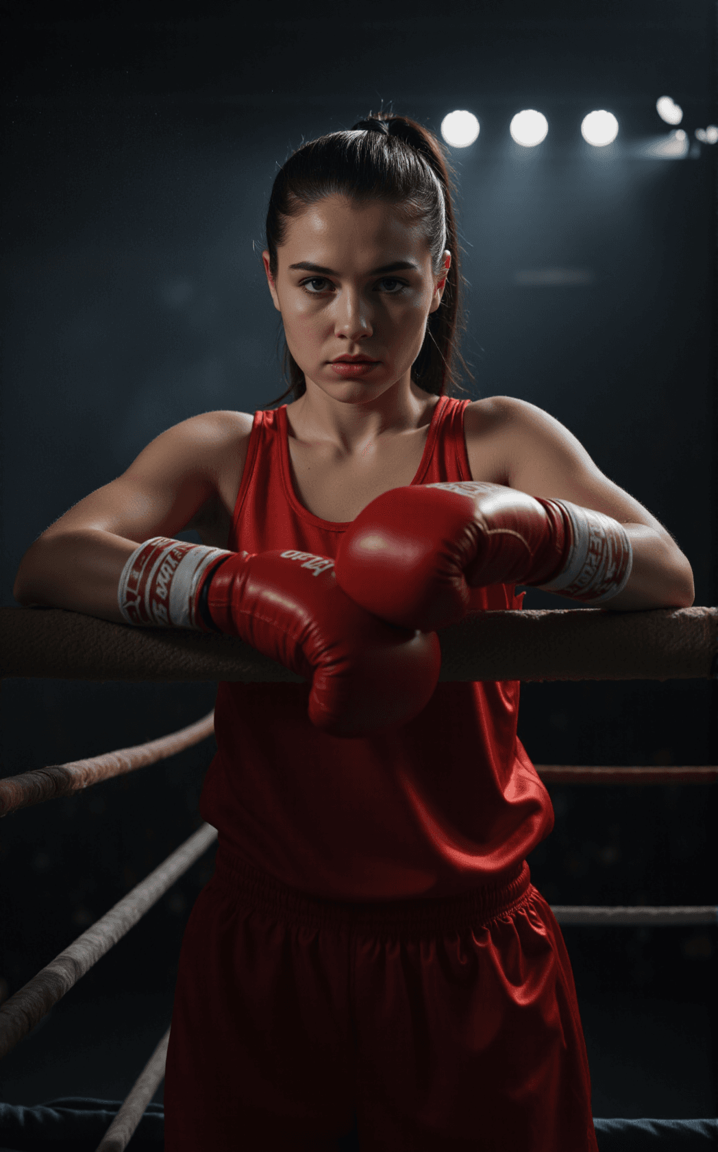 AI generated: A young female boxer stands with a focused, unflinching stare, leaning her forearms across the top r...