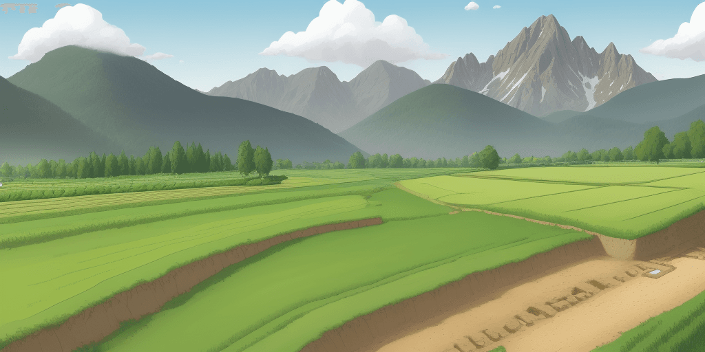 AI generated: cartoon a sown field with level trenches against a mountain backdrop high quality