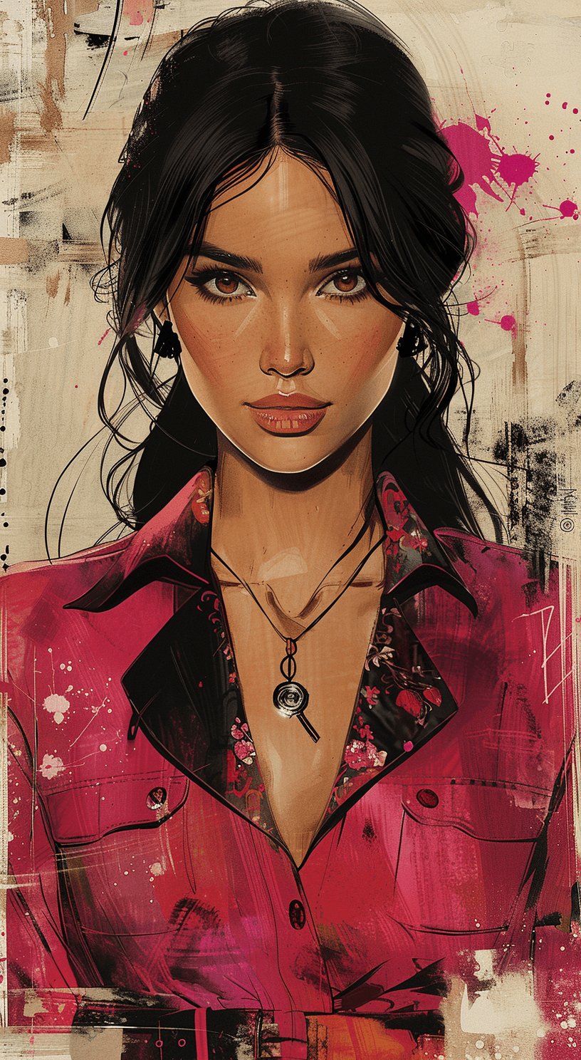 AI generated: Vintage fashion poster of an elegant woman with black hair, drawn in the style of Paul Kenton, featu...