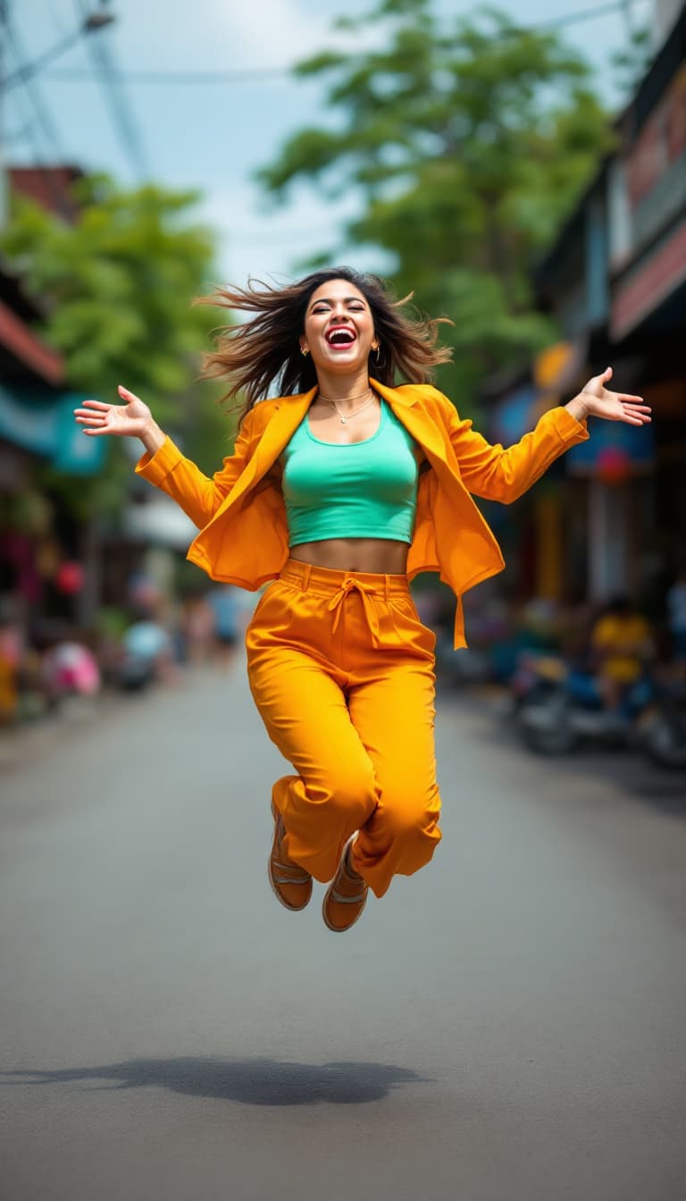 AI generated: A playful and energetic portrait of a vibrant Filipino woman. She's captured mid-jump, her movements...