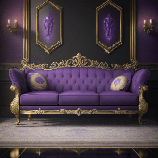 AI generated: Sofa with the design and character of Thanos The sofa is gold and purple dark, no watermark,no copyr...
