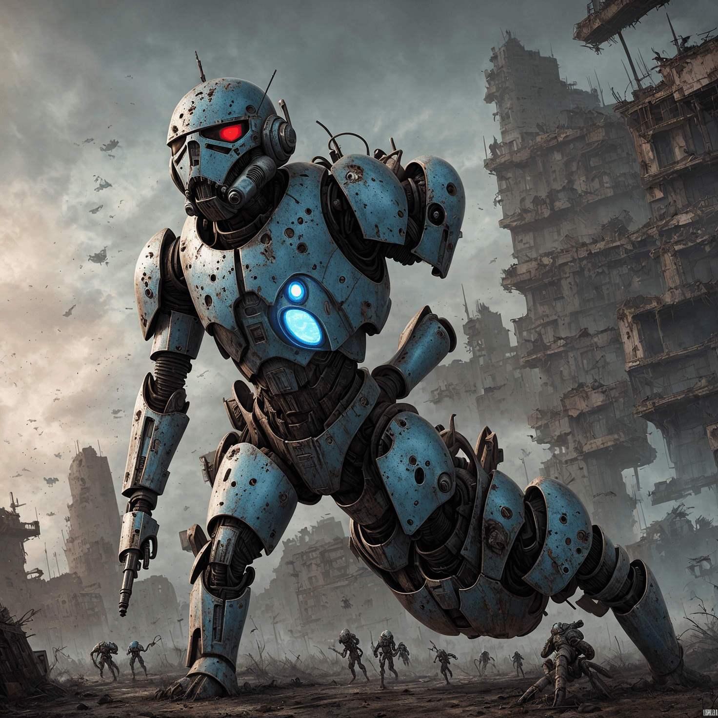 AI generated: blue ant army with silver armor invasion the planet, gun fire each other with red ant, A haunting sc...