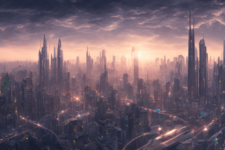 AI generated: super detailed city skyline future, 8k, sunset, spaceships