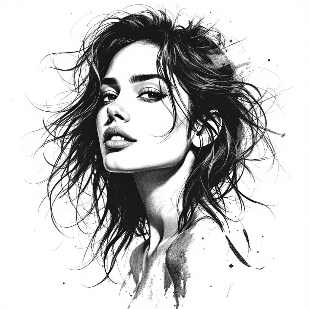 AI generated: Realistic black and white sketch of a beautiful Spanish woman, white background --chaos 75 --ar 1:2 ...