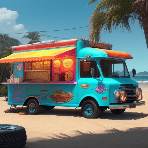 AI generated: "a highly detailed photorealistic, 8k sharp focus, hdr, PIXAR taco food truck from CARS with one eye...