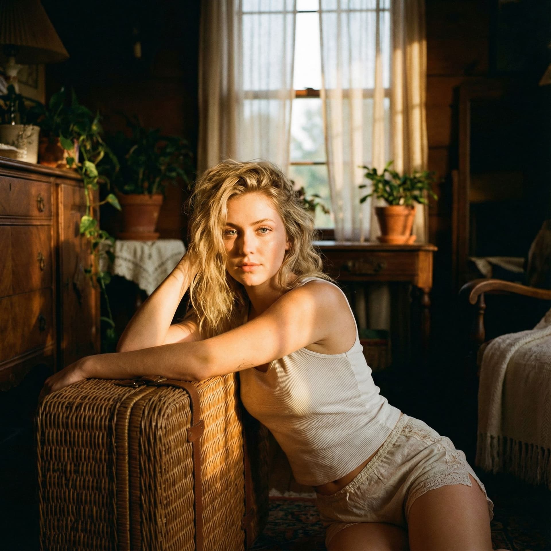 AI generated: realistic cinematic image with dark shadows and high contrast, A fit 25yo woman with long blonde hai...