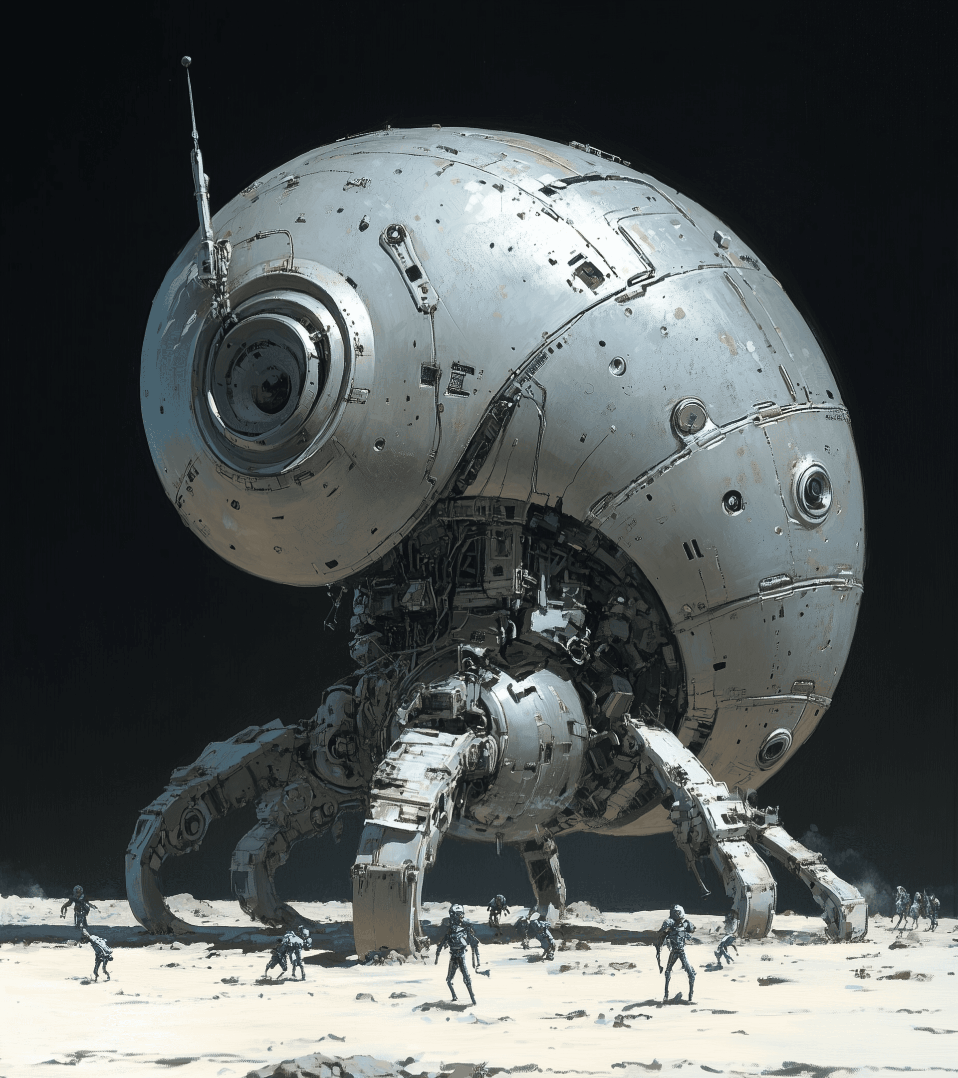 AI generated: A giant robotic snail eating tiny robot people, fantasy illustration in the style of Frank Frazetta,...