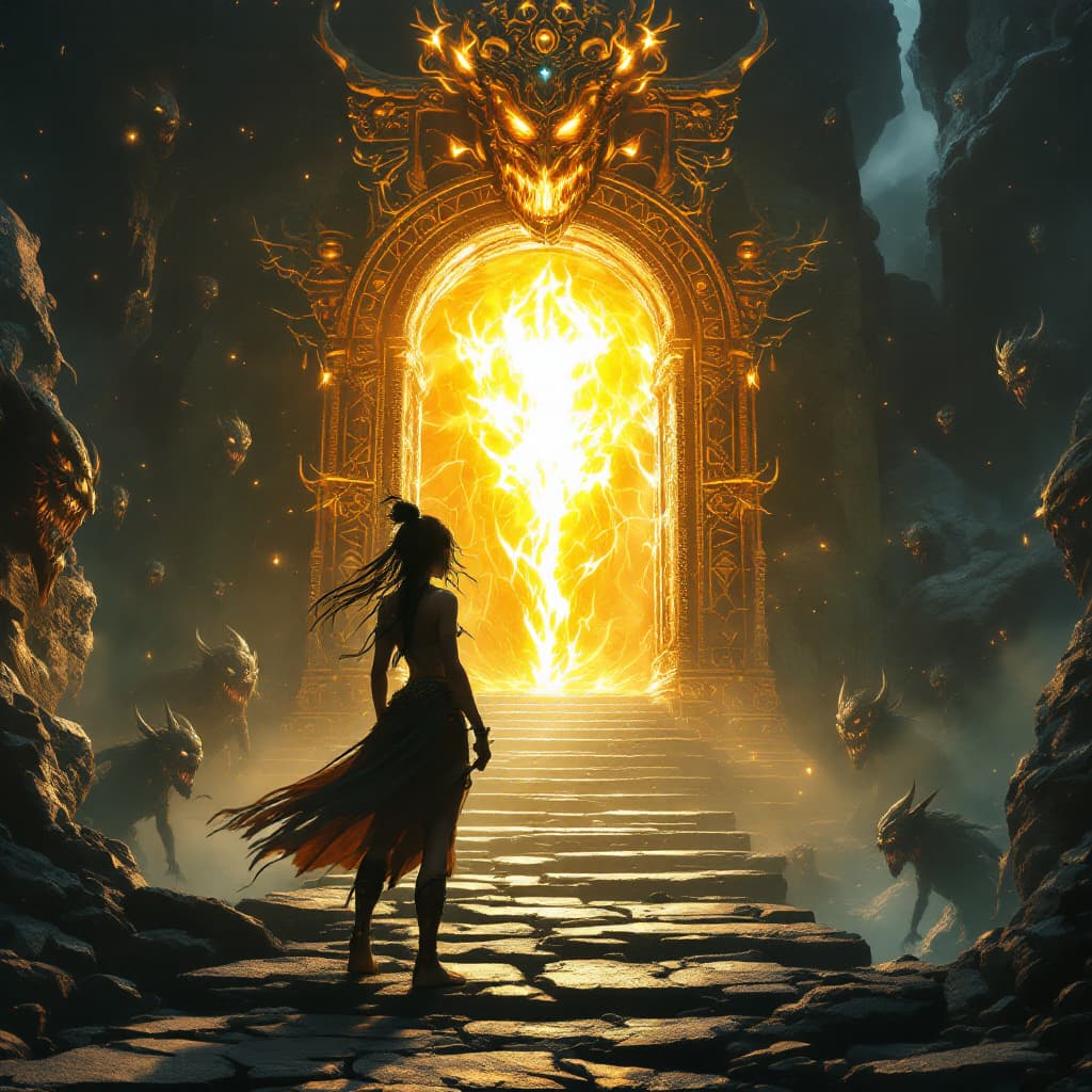 AI generated: A 3d anime 4k portrait young shaman lady in a dark mystical realm standing face to face before large...
