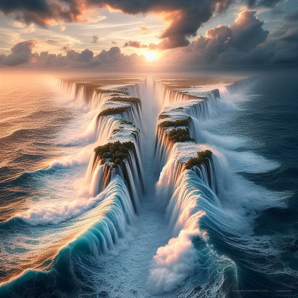 AI generated: Seas with waves crashing into each other, and placing between them a barrier and a veil
