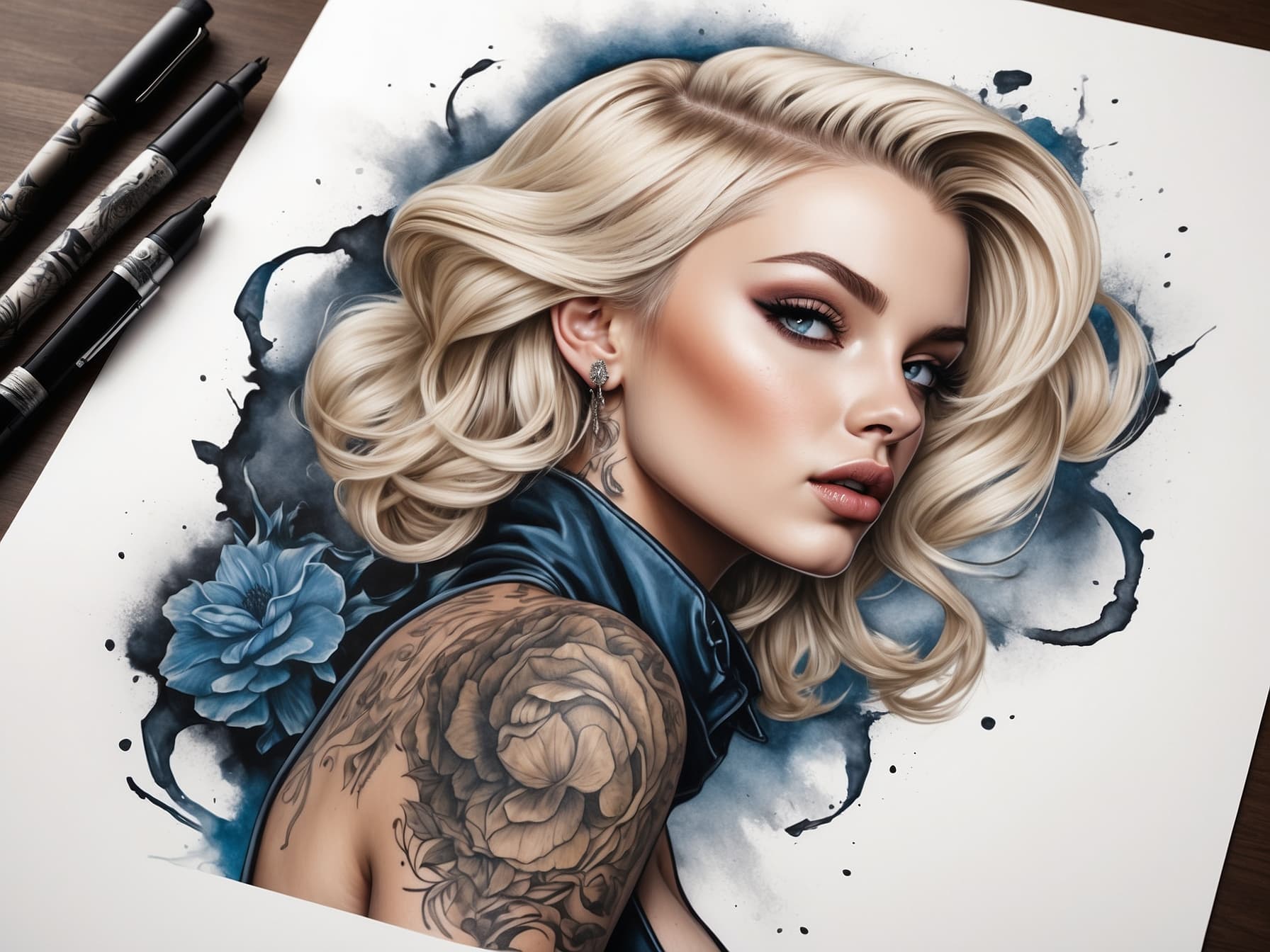 AI generated: a drawing of a woman with a tattoo on her arm, a photorealistic painting by Jan Tengnagel, behance c...