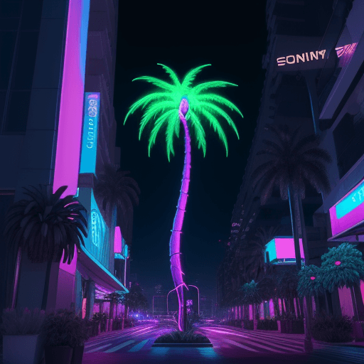 AI generated: Photo of a ultra realistic neon palm tree in the city center of the future, night, neon, cinematic, ...