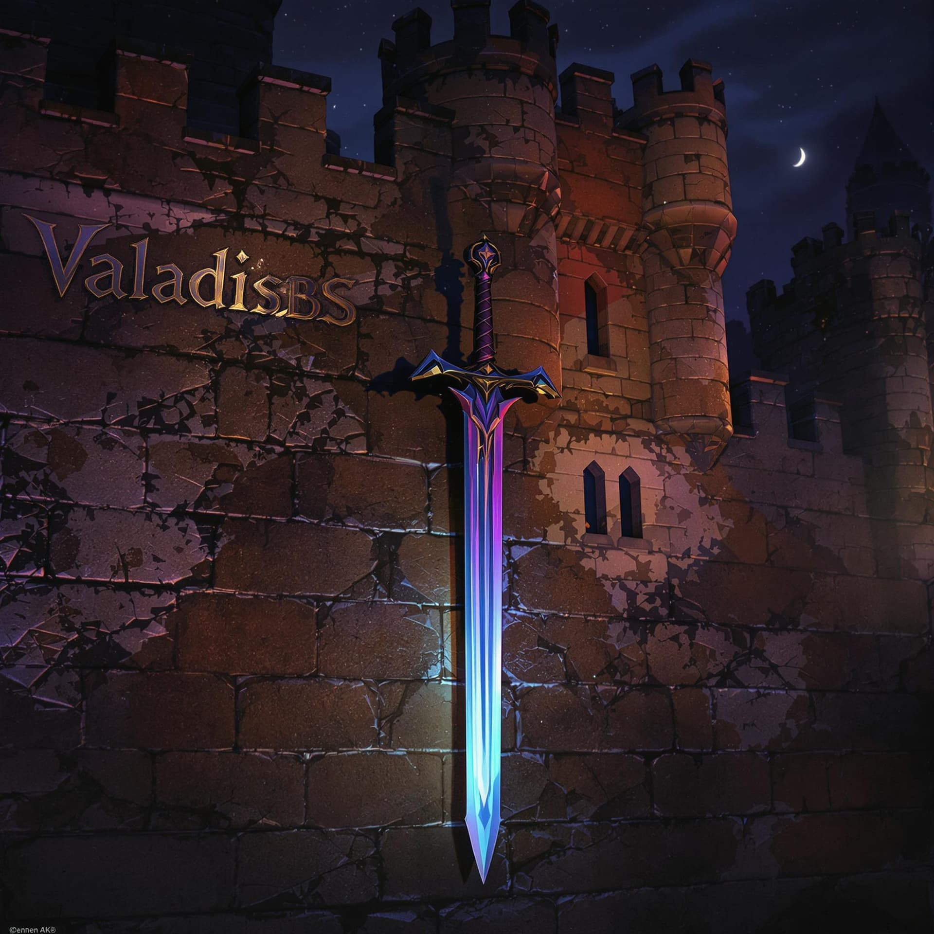 AI generated: castle wall background night, league of legend character based Leona, ultra realistic, light armor, ...